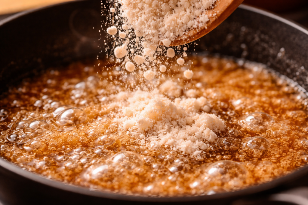 Pouring rice flour into syrup