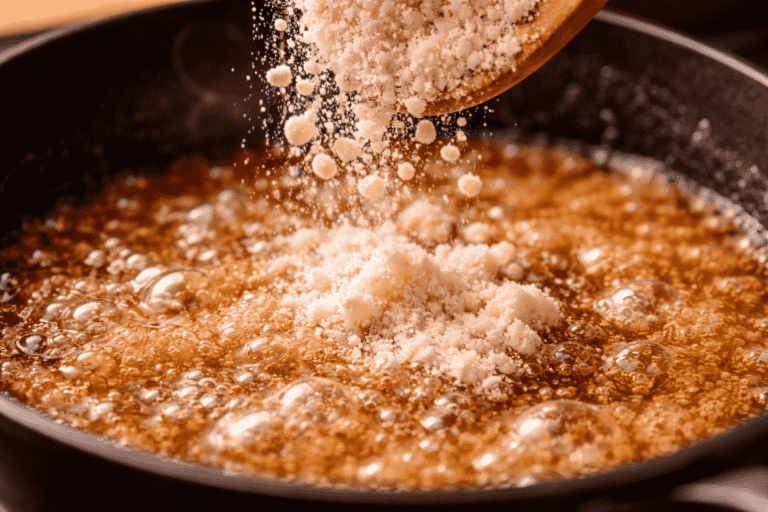 adding roasted flour to sugar syrup while making Sri Lankan aluwa