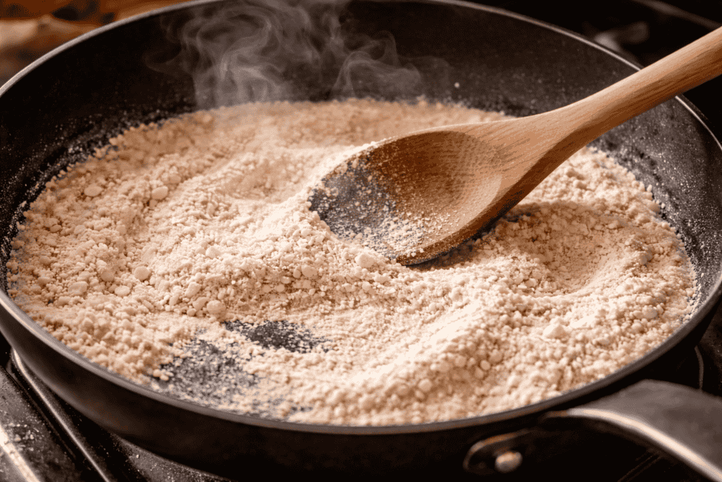 roasting rice flour in a pan while preparing Sri Lankan aluwa