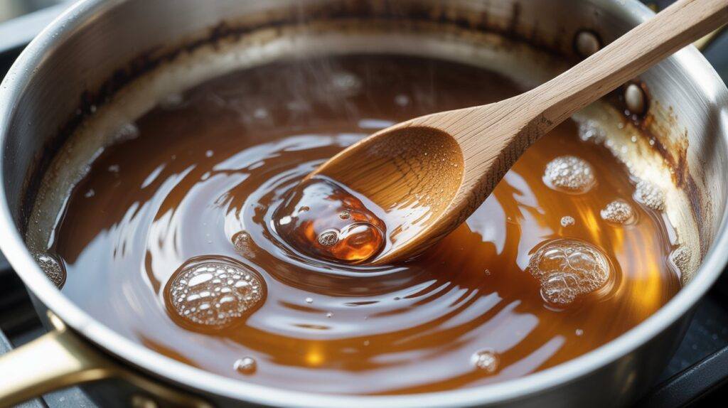 Sugar syrup cooking in a pan