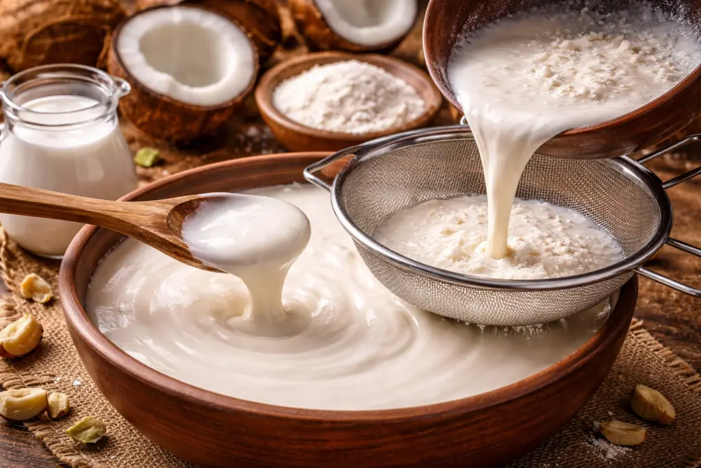 fresh coconut milk being strained in a bowl with traditional Sri Lankan preparation method