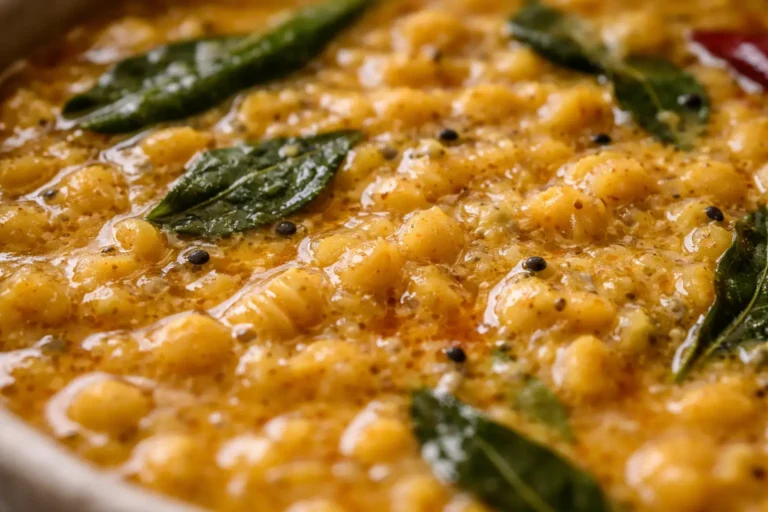 creamy Sri Lankan dal curry with spices and curry leaves close-up