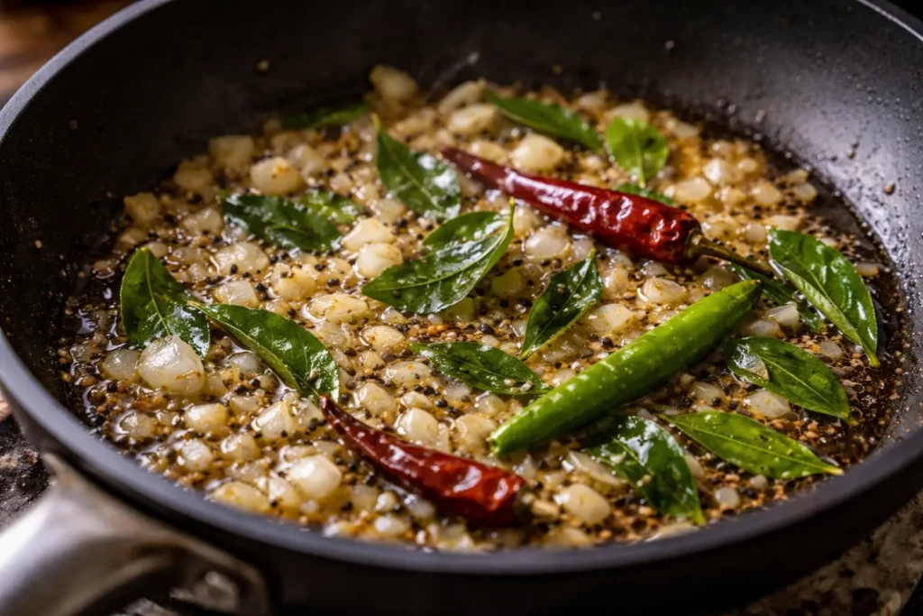 frying onions garlic curry leaves and chili for Sri Lankan dal tempering