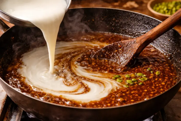 coconut milk being added to jaggery mixture while cooking Sri Lankan kalu dodol