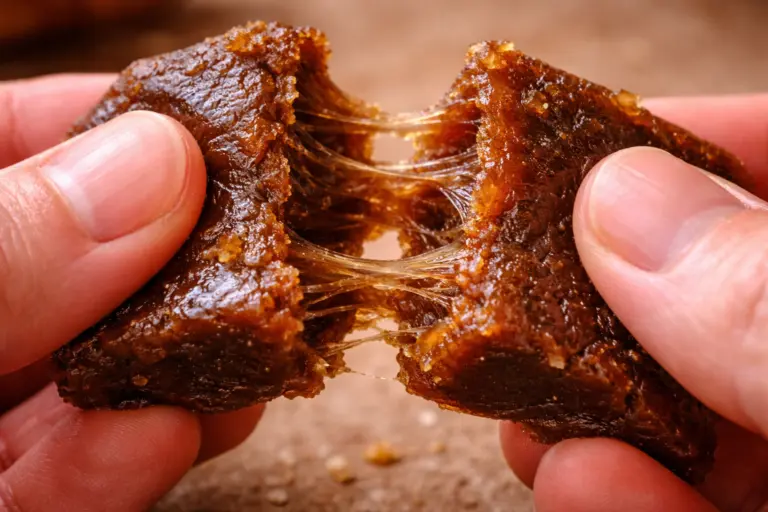 Sri Lankan kalu dodol showing soft sticky texture when broken apart
