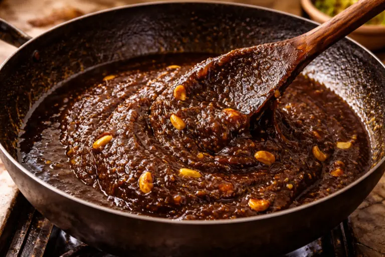 thick kalu dodol mixture being stirred in a pan with visible cashews