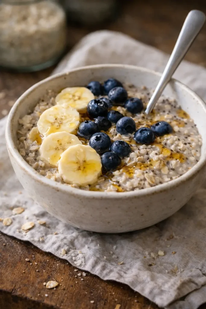 overnight oats with banana blueberries and honey in a bowl