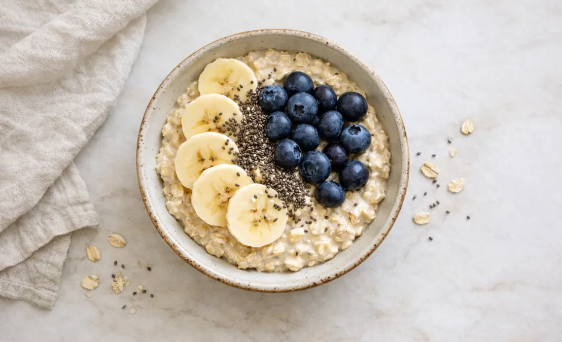 overnight oats with banana blueberries and chia seeds in a bowl top view