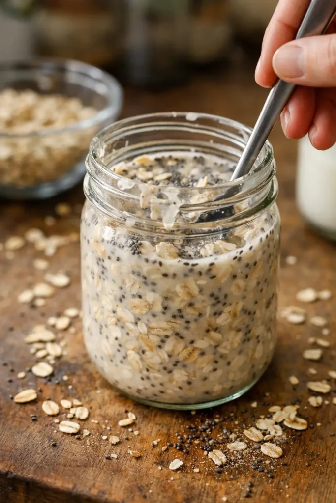 mixing overnight oats with milk and chia seeds in a jar
