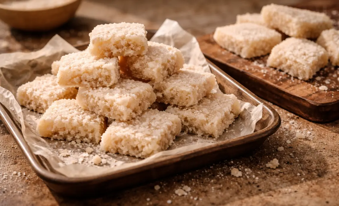 Sri Lankan aluwa sweet stacked on a tray showing soft crumbly texture