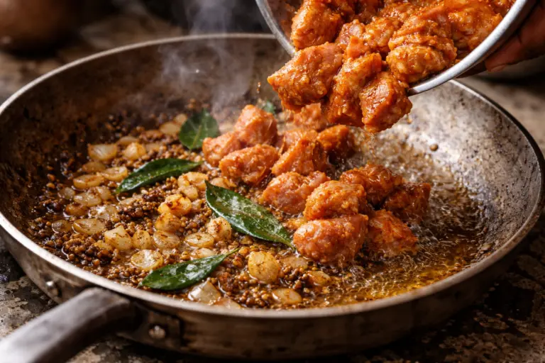 adding marinated chicken to fried spices and onions for Sri Lankan chicken curry