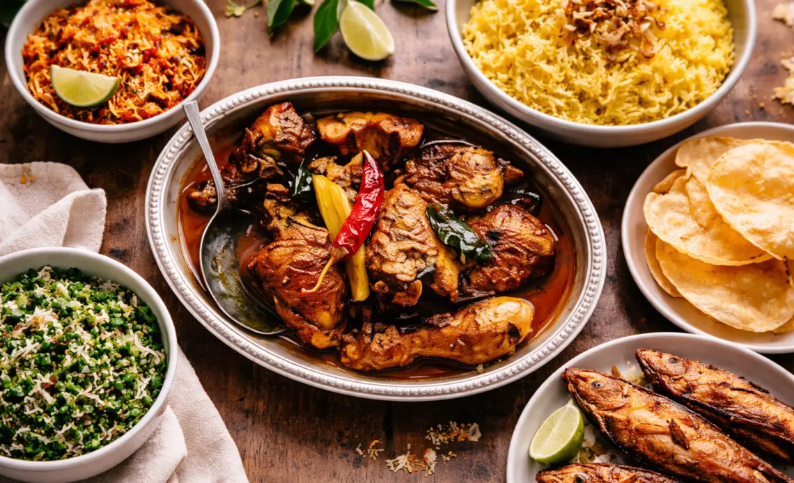 Sri Lankan chicken curry served with rice, sambol and side dishes on a table