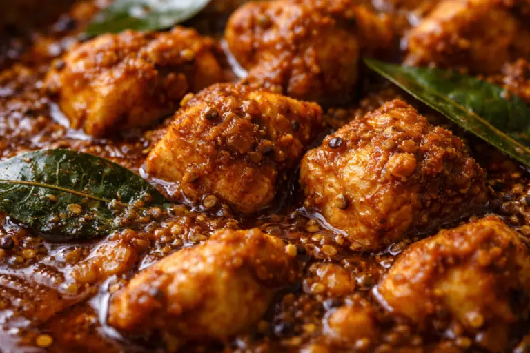 Sri Lankan chicken curry with rich thick gravy and visible spices close-up