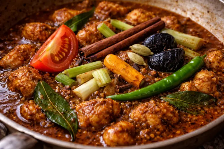 Sri Lankan chicken curry simmering with spices curry leaves and herbs in a pan