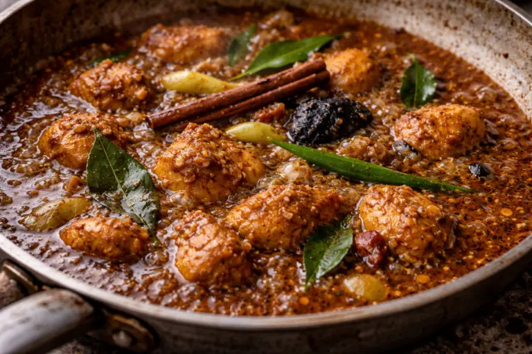 Sri Lankan chicken curry with thick spicy gravy and curry leaves in a pan