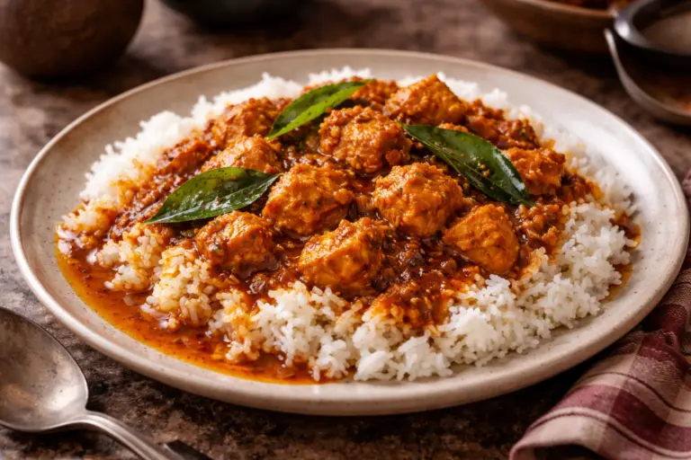 Sri Lankan chicken curry served with rice and curry leaves on a plate