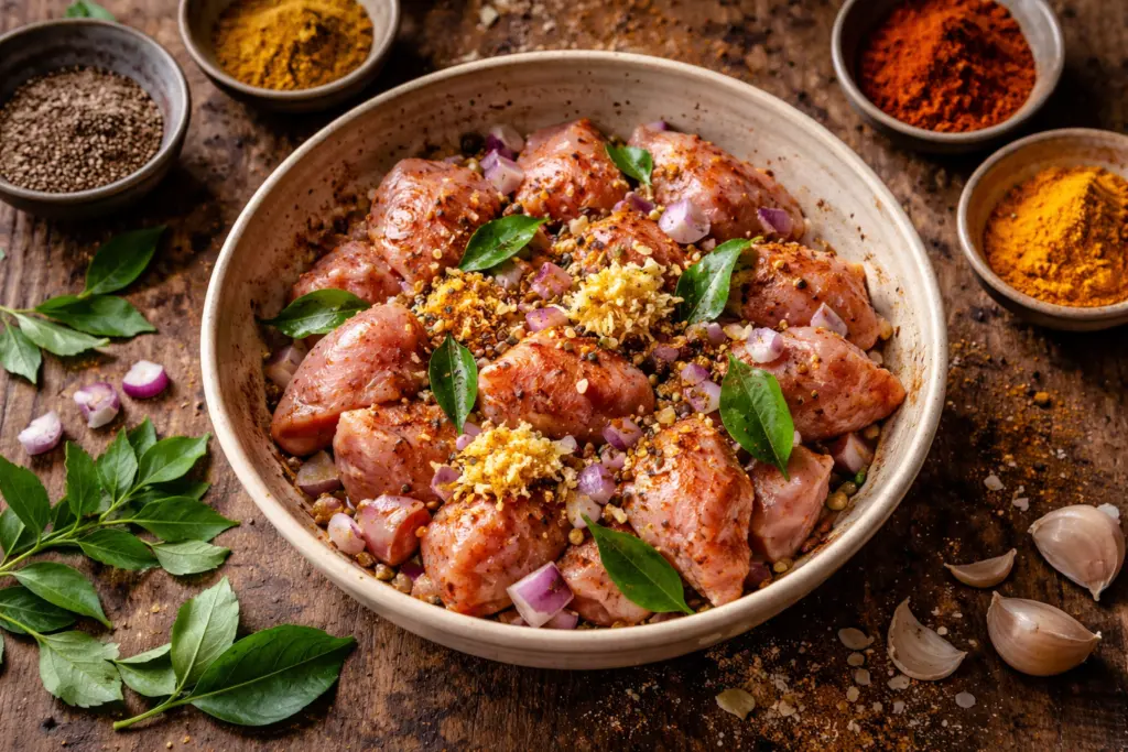 marinating chicken with spices and curry leaves for Sri Lankan chicken curry