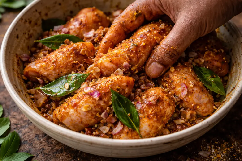 mixing chicken with spices and curry leaves by hand for Sri Lankan chicken curry