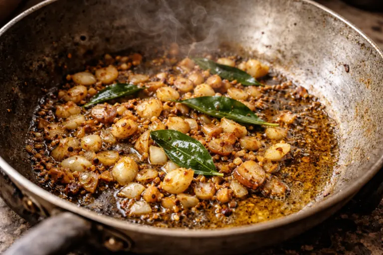 frying onions spices and curry leaves in oil for Sri Lankan chicken curry
