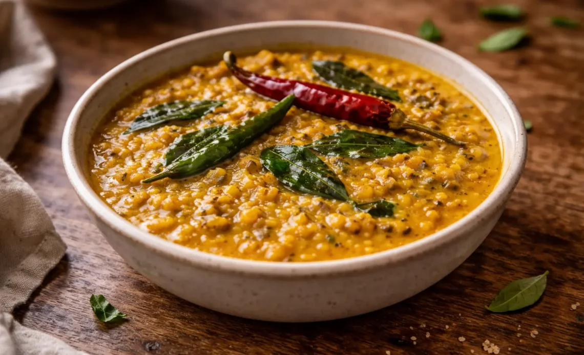 Sri Lankan dal curry served in a bowl with curry leaves and dried chili