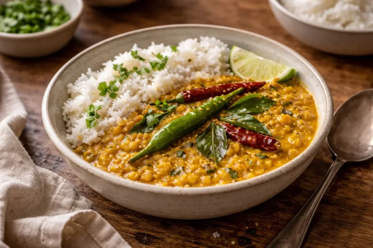 Sri Lankan dal curry served with rice and curry leaves in a bowl