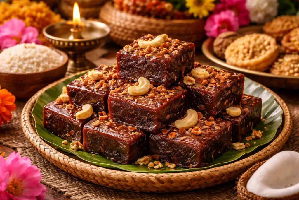 Sri Lankan kalu dodol served on a banana leaf with cashews in a traditional festive setting