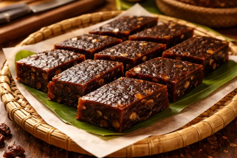 Sri Lankan kalu dodol cut into slices with visible cashews on a tray