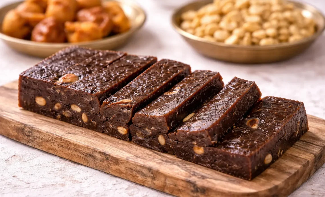 Sri Lankan kalu dodol cut into slices on a wooden board with visible cashews, traditional homemade sweet dessert