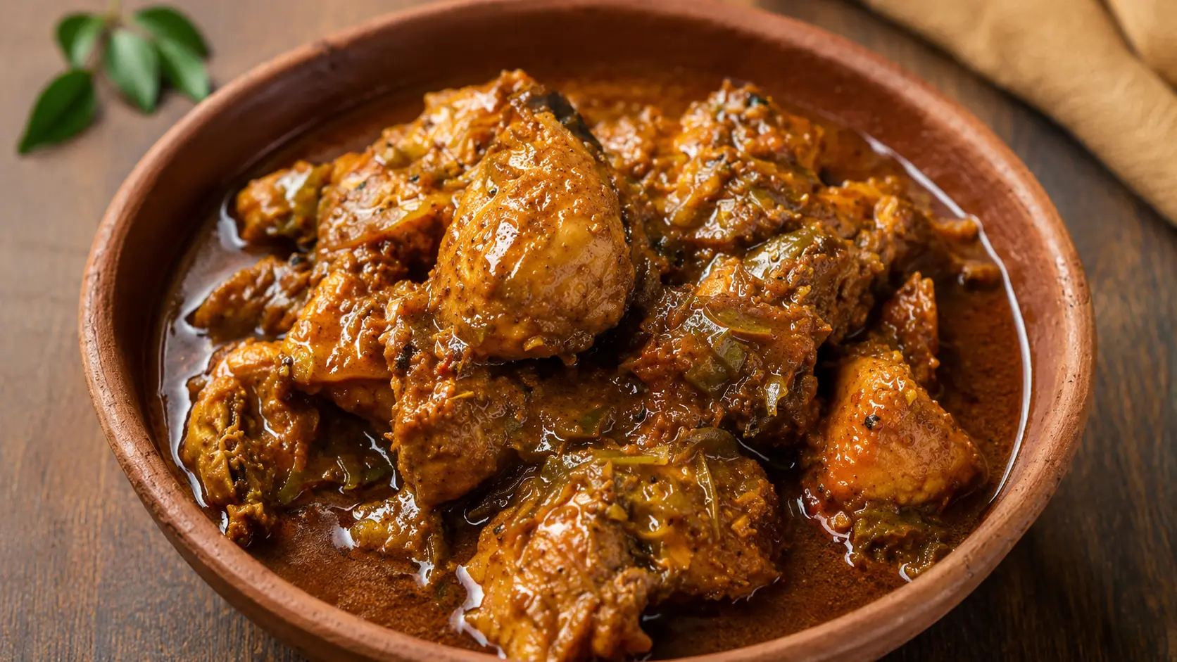 Sri Lankan chicken curry in a clay pot with rich spicy gravy