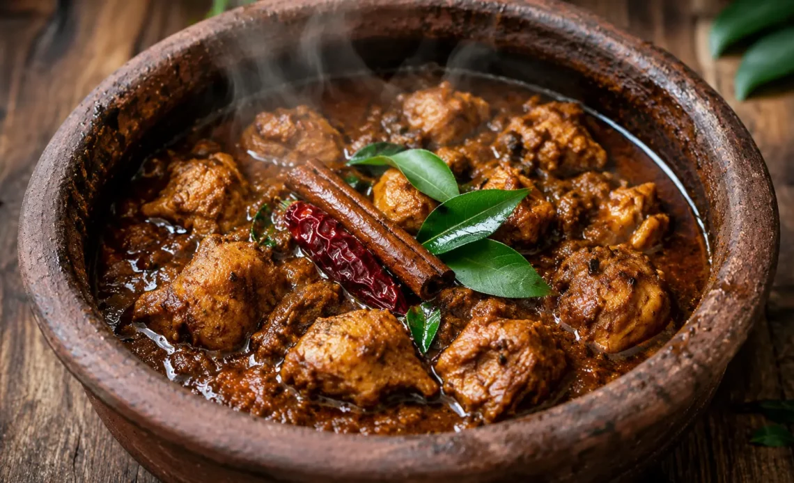 Sri Lankan village chicken curry cooked in a clay pot with curry leaves and spices