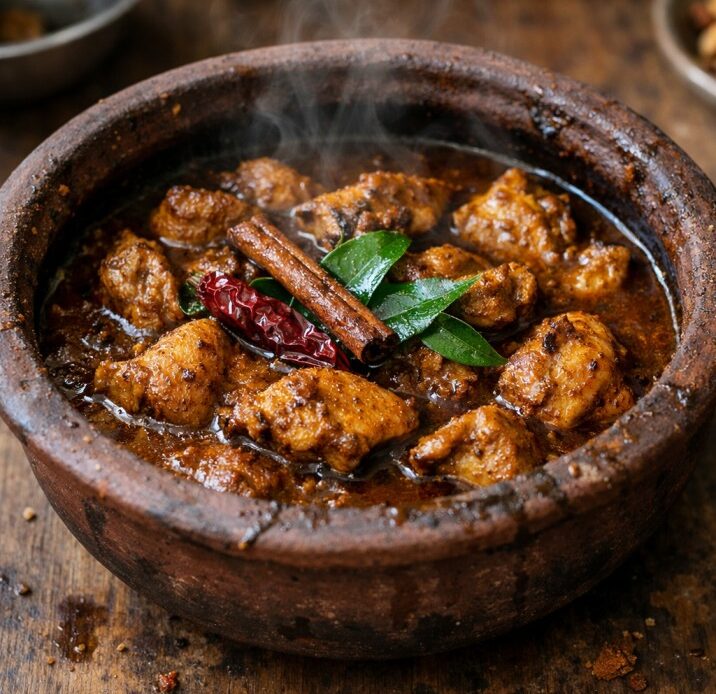 Sri Lankan village style chicken curry in a clay pot with spices and curry leaves