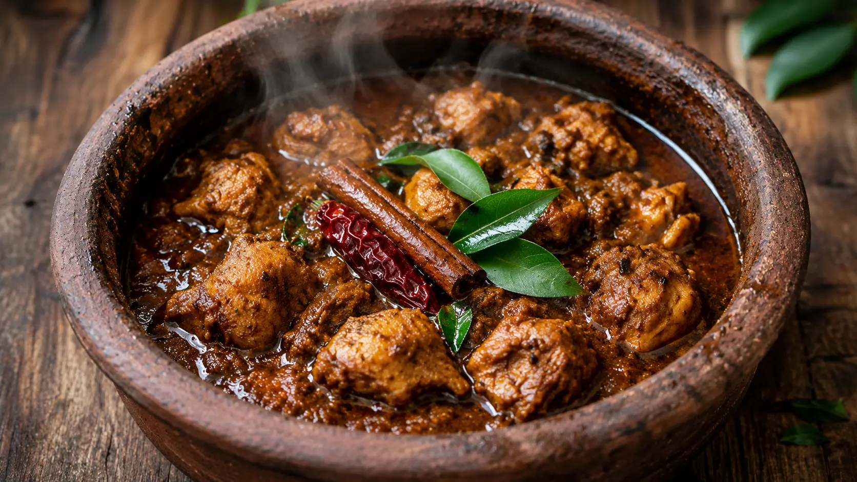 Sri Lankan village chicken curry cooked in a clay pot with curry leaves and spices