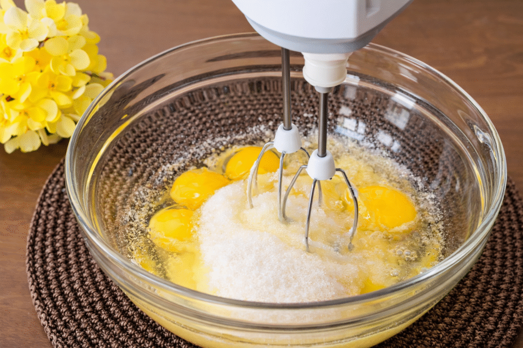 Add 4 eggs, 200g (1cup) of sugar, and a little vanilla to a bowl and beat until you get a creamy mixture.