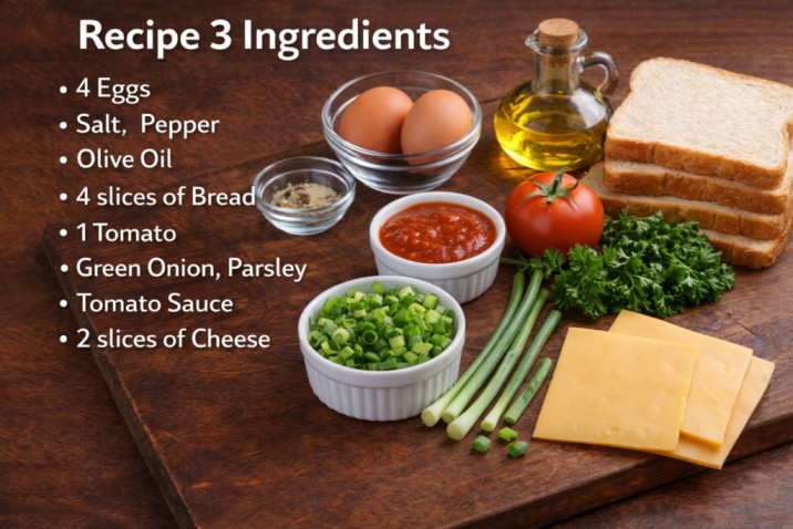 ingredients for bread egg tomato recipe including bread, eggs, cheese, tomato and green onions