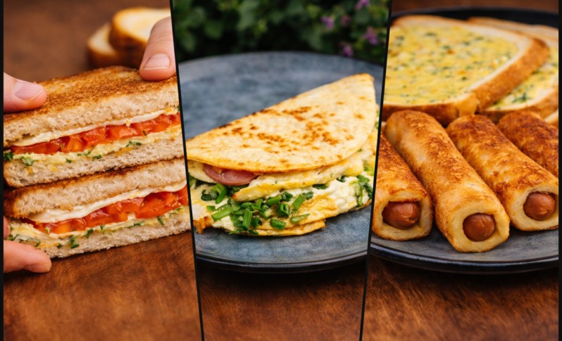 collage of easy breakfast recipes including toast sandwich, omelette and bread rolls