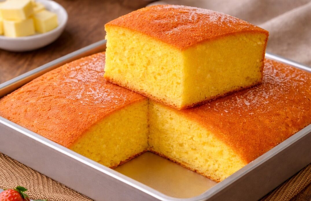 soft butter sponge cake cut into squares with moist texture in a baking tray