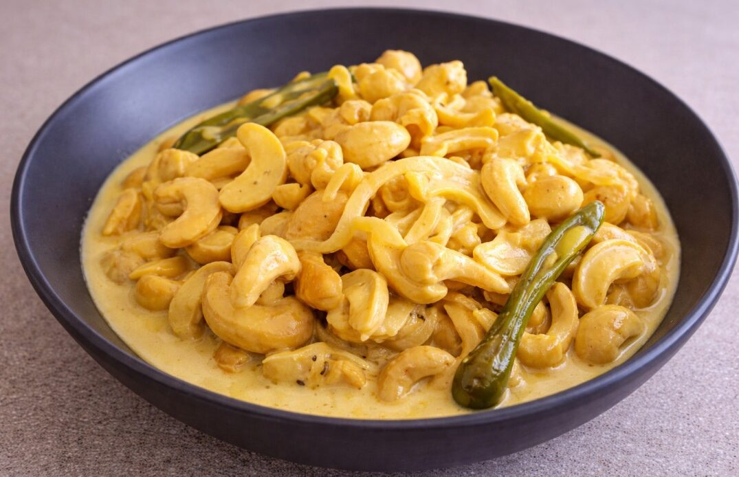 Sri Lankan cashew curry (kaju curry) in creamy coconut gravy with green chilies, homemade style