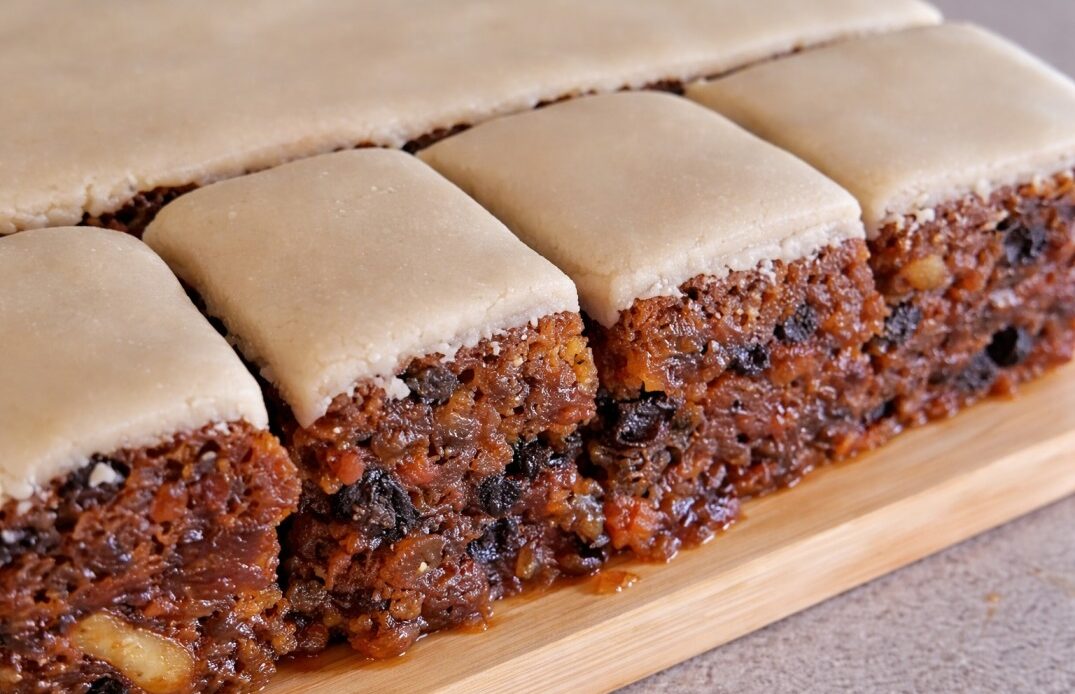 Sri Lankan Christmas cake slices with rich fruit mixture and marzipan topping