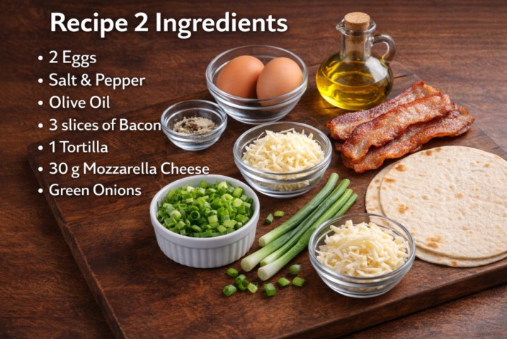 ingredients for tortilla egg bacon recipe including eggs, bacon, cheese, tortilla and green onions