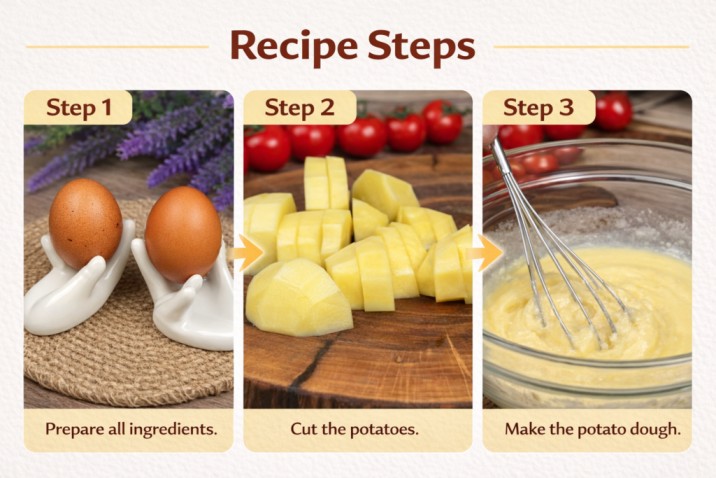 recipe steps collage showing preparing ingredients, cutting potatoes and mixing batter