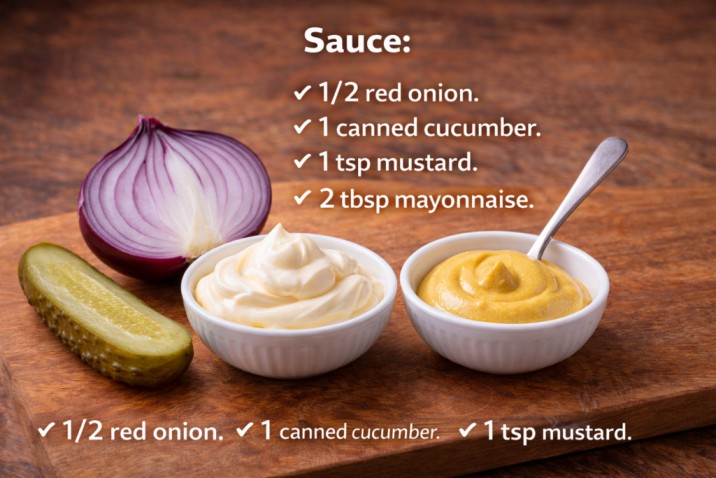ingredients for sauce including onion, mustard, mayonnaise and pickles