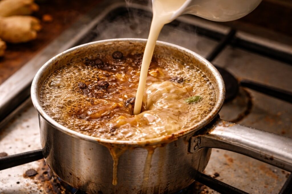 Milk being added to boiling masala chai in a pot