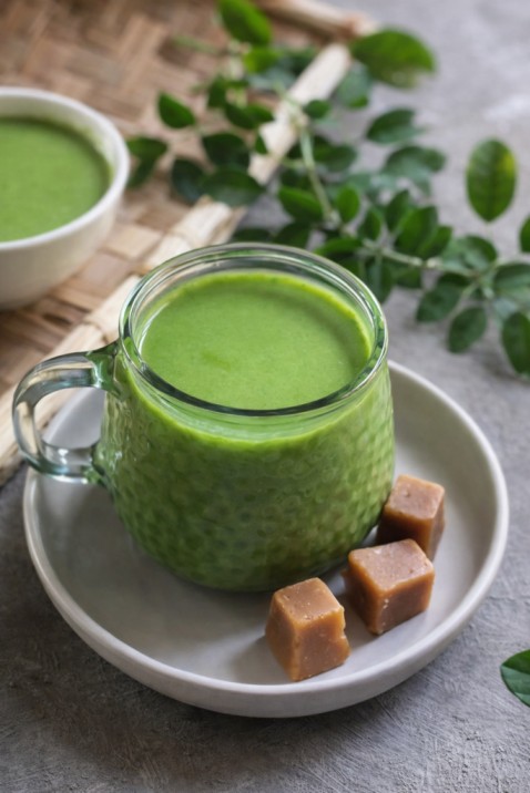 blue fenugreek leaves porridge Sri Lankan kenda served in a glass mug
