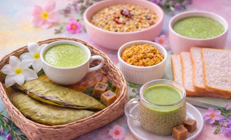 blue fenugreek leaves porridge Sri Lankan herbal kenda with traditional foods