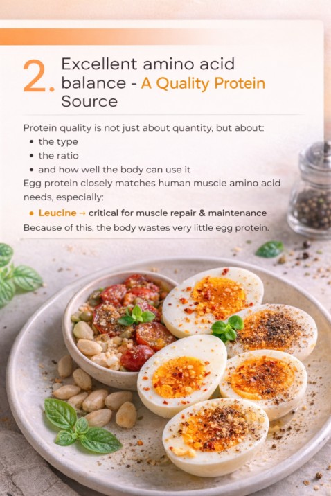 boiled eggs with text about amino acid balance and protein quality