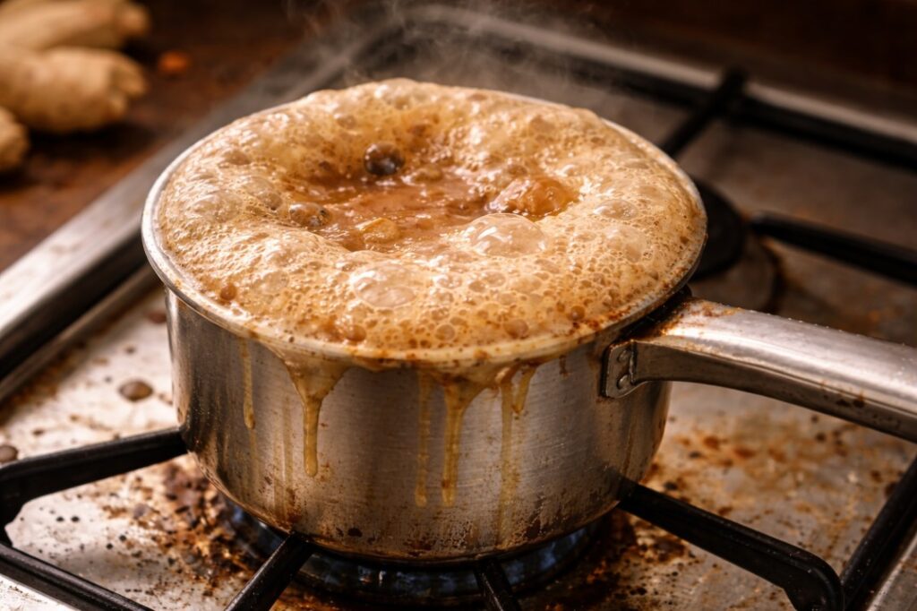 masala chai boiling and slightly overflowing on a messy stove