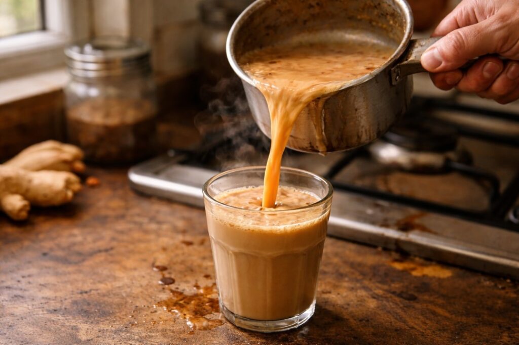 homemade masala chai being poured into a glass in a real kitchen