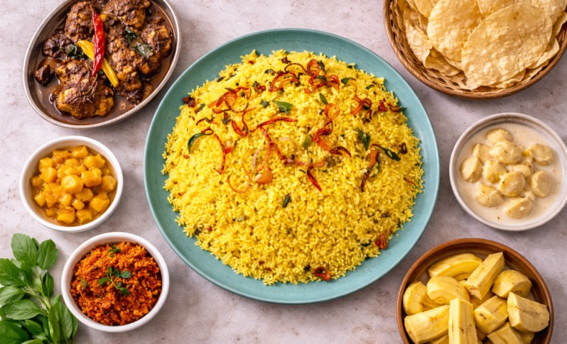 yellow rice served with side dishes including curry, sambol and papadum