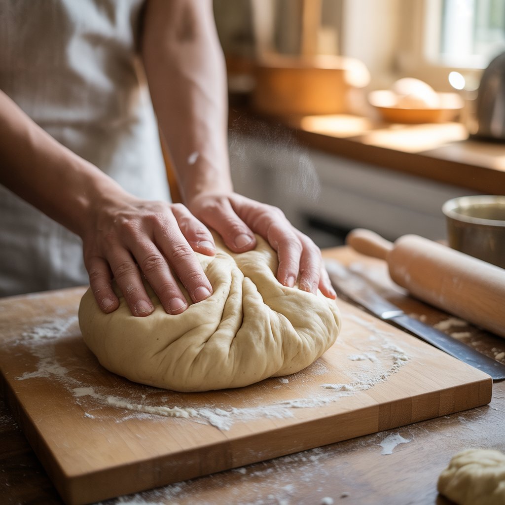 hands kneading soft dough on wooden board for Sri Lankan fish patties with flour scattered