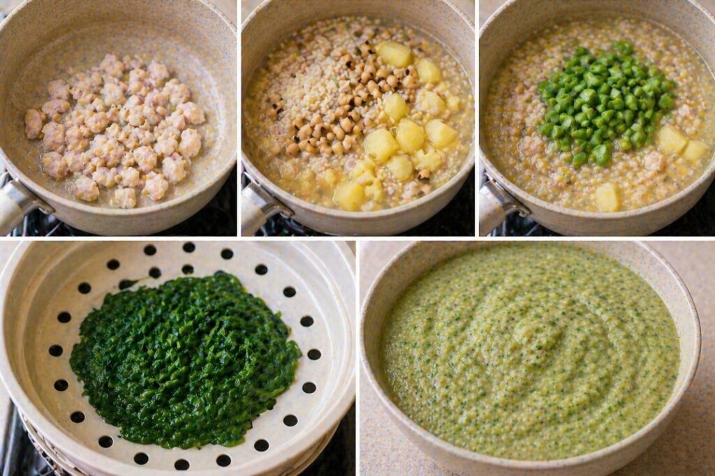Five-panel collage showing baby food preparation with chicken, rice, cowpeas, potato, beans, steamed spinach, and soft green puree